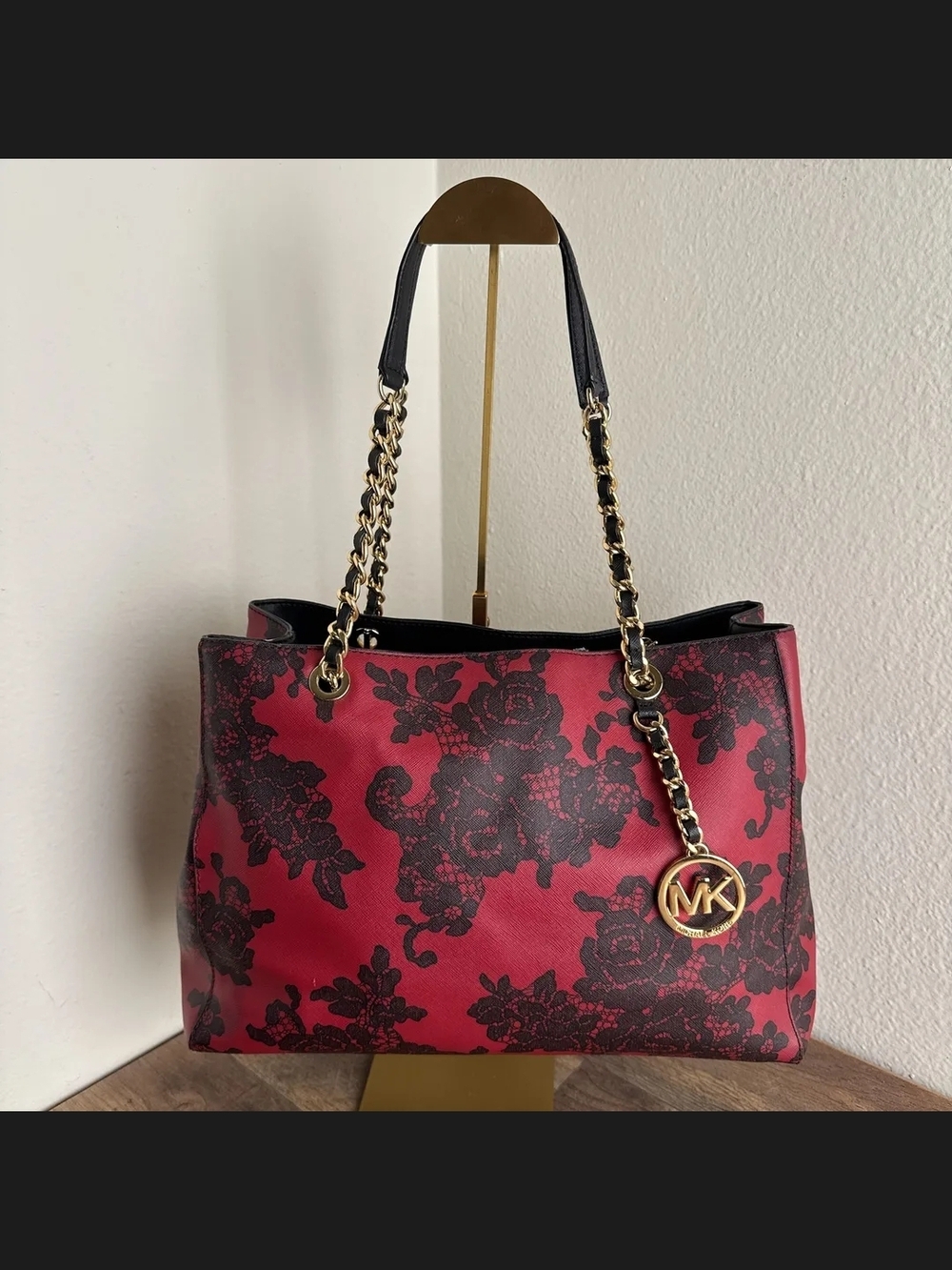 Michael Kors Red and Black Floral Lace-Print Chain-Strap Tote